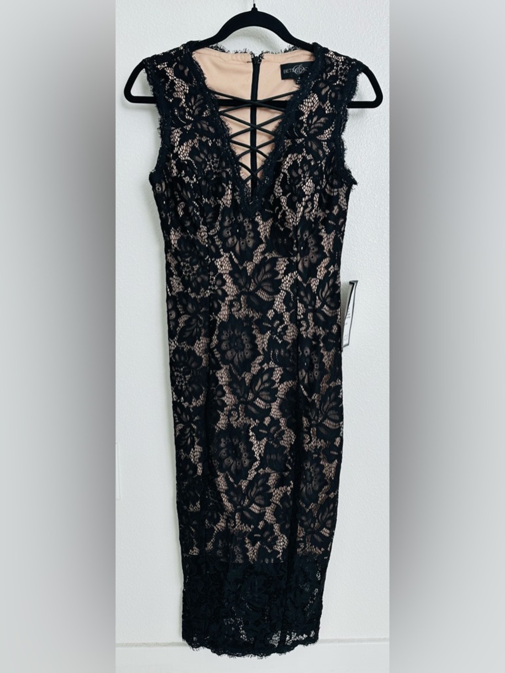Betsy & Adam Black Lace Overlay Nude Underlay Sheath Dress